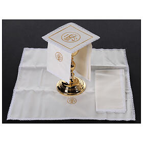 Set of 4 altar linens, silk, cotton and viscose, JHS and chalice