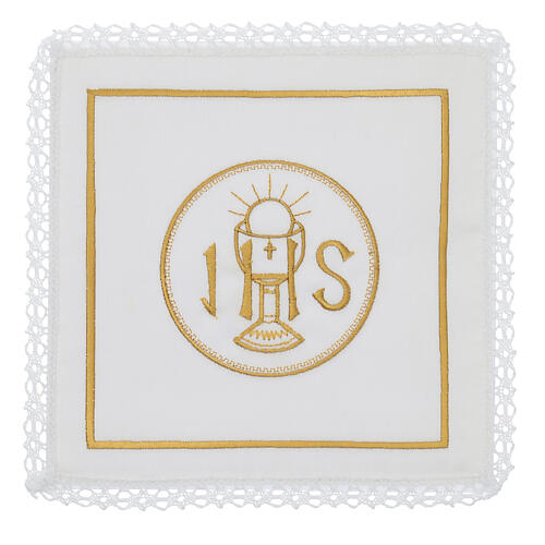 Set of 4 altar linens, silk, cotton and viscose, JHS and chalice 1