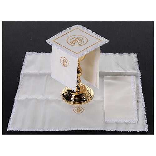 Set of 4 altar linens, silk, cotton and viscose, JHS and chalice 2