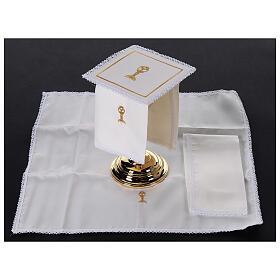 Altar linens of silk, cotton and viscose, set of 4, golden chalice embroidery