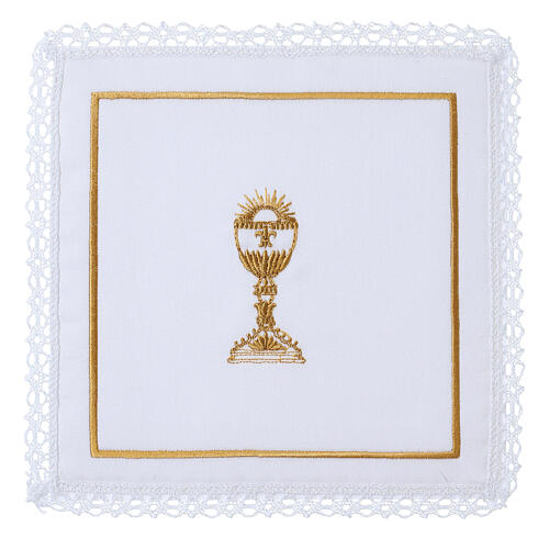 Altar linens of silk, cotton and viscose, set of 4, golden chalice embroidery 1