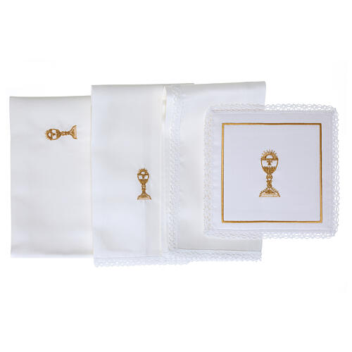 Altar linens of silk, cotton and viscose, set of 4, golden chalice embroidery 3