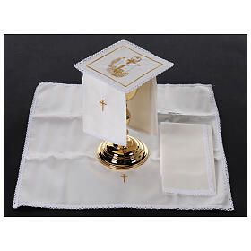 Kelchwäsche-Set, Kreuz-, Kelch-, Brot- und Ähren-Motiv als Stickerei, aus Seide, Baumwolle und Viskose – 4-teilig