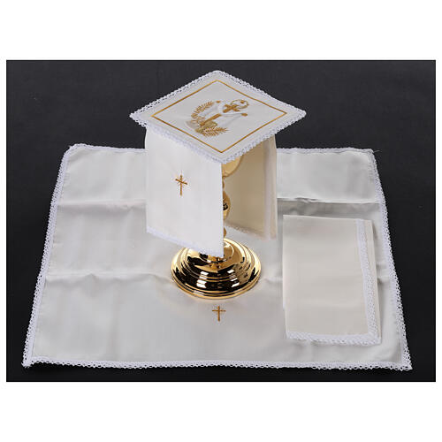 Kelchwäsche-Set, Kreuz-, Kelch-, Brot- und Ähren-Motiv als Stickerei, aus Seide, Baumwolle und Viskose – 4-teilig 2