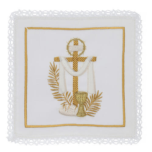 Set of 4 altar linens, silk, cotton and viscose, cross and chalice 1