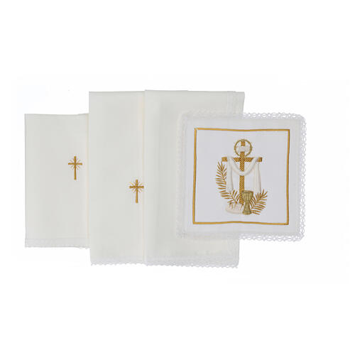 Set of 4 altar linens, silk, cotton and viscose, cross and chalice 3