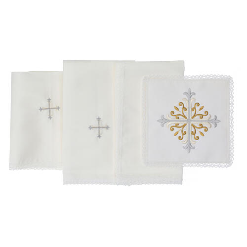 Set of 4 altar linens, silk, cotton and viscose, cross with floral pattern 3