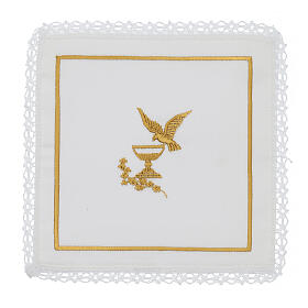 Kelchwäsche-Set, Kelch- und Tauben-Motiv als Stickerei, aus Seide, Baumwolle und Viskose – 4-teilig