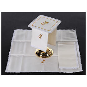 Set of 4 altar linens, silk, cotton and viscose, chalice and dove