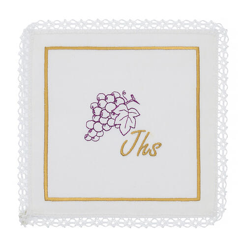 Kelchwäsche-Set, Trauben- und JHS-Symbol als Stickerei, aus Seide, Baumwolle und Viskose – 4-teilig 1