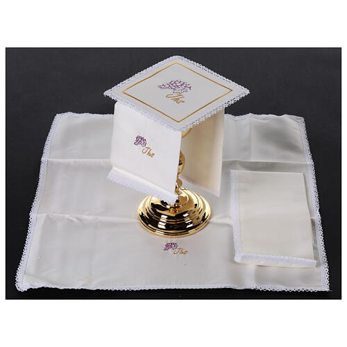 Set of 4 altar linens, silk, cotton and viscose, JHS with raisin 2