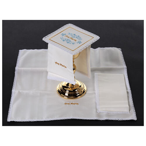 Kelchwäsche-Set, Ave-Maria-Schriftzug als Stickerei, aus Seide, Baumwolle und Viskose – 4-teilig 2