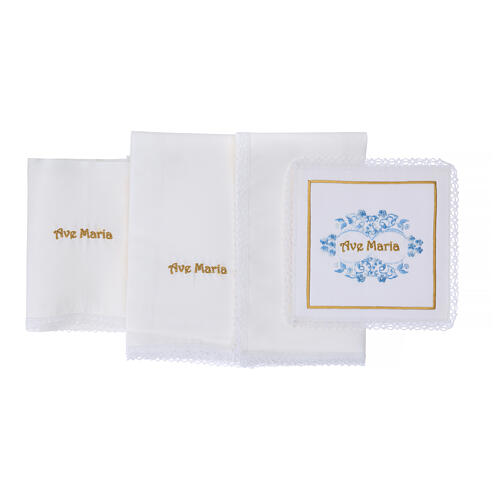 Kelchwäsche-Set, Ave-Maria-Schriftzug als Stickerei, aus Seide, Baumwolle und Viskose – 4-teilig 3