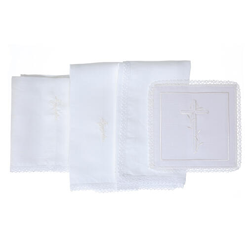 Altar linens of cotton, linen and viscose, set of 4, white cross embroidery 3