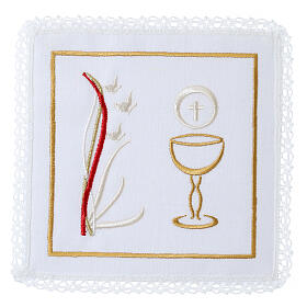 Altar linens of cotton, linen and viscose, set of 4, white chalice and flame embroidery