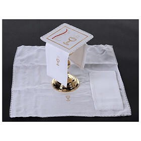 Altar linens of cotton, linen and viscose, set of 4, white chalice and flame embroidery
