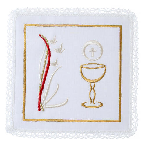 Altar linens of cotton, linen and viscose, set of 4, white chalice and flame embroidery 1