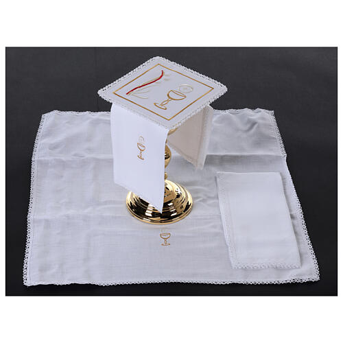 Altar linens of cotton, linen and viscose, set of 4, white chalice and flame embroidery 2