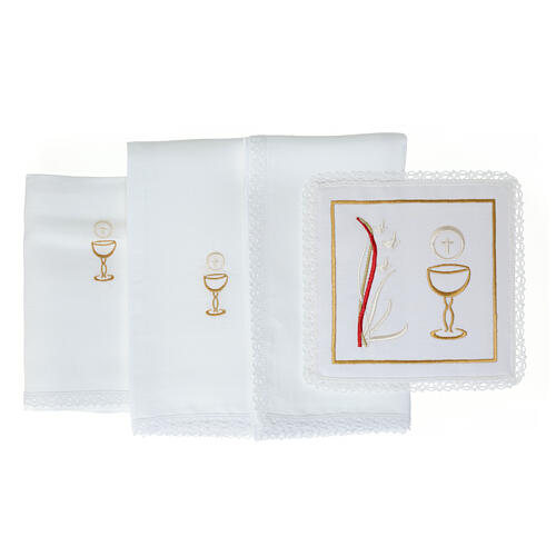 Altar linens of cotton, linen and viscose, set of 4, white chalice and flame embroidery 3