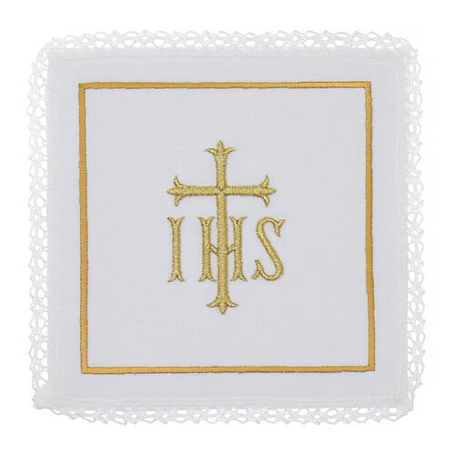 Set of 4 altar linens with JHS, linen cotton and viscose 1