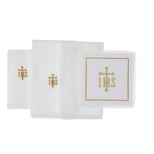 Set of 4 altar linens with JHS, linen cotton and viscose 3