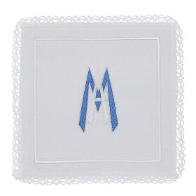 Kelchwäsche-Set,  Marienmonogramm MA als Stickerei, aus Leinen, Baumwolle und Viskose – 4-teilig
