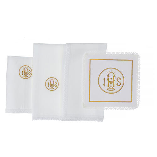 Kelchwäsche-Set, JHS-Symbol und Kelch als Stickerei, aus Leinen, Baumwolle und Viskose – 4-teilig 3