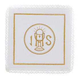 Set of 4 altar linens with chalice and JHS, linen cotton and viscose