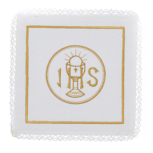 Set of 4 altar linens with chalice and JHS, linen cotton and viscose 1