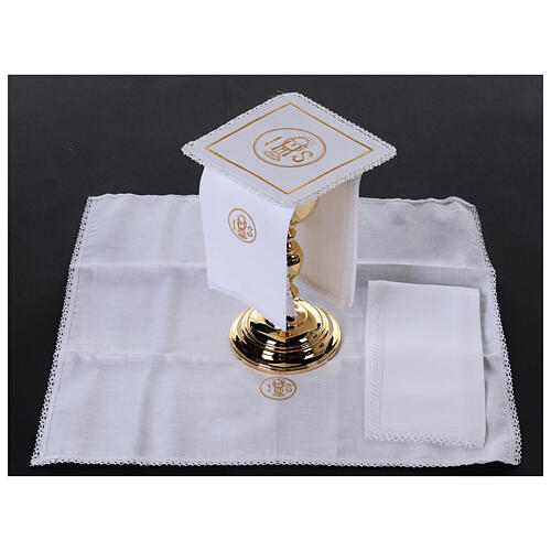 Set of 4 altar linens with chalice and JHS, linen cotton and viscose 2