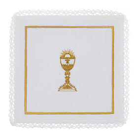Conjunto de altar 4 peças linho algodão viscose bordado cálice ouro