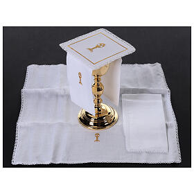 Conjunto de altar 4 peças linho algodão viscose bordado cálice ouro