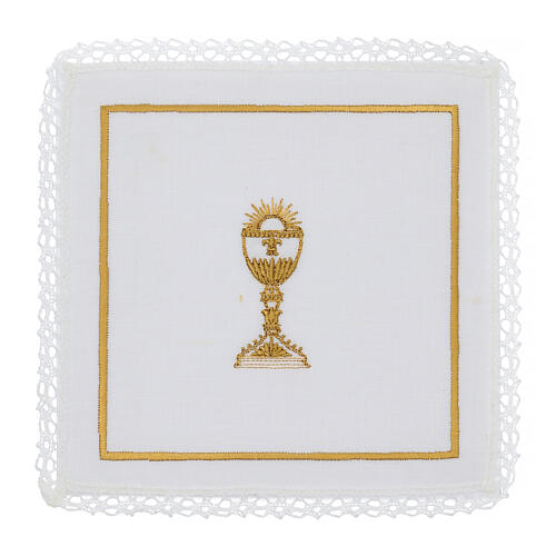 Conjunto de altar 4 peças linho algodão viscose bordado cálice ouro 1