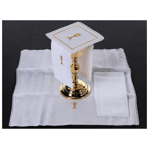 Conjunto de altar 4 peças linho algodão viscose bordado cálice ouro 2
