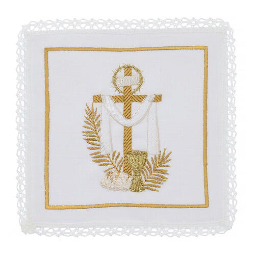 Set of 4 altar linens with cross and chalice, linen cotton and viscose 1