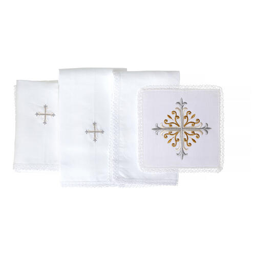 Servizio per Liturgia croce ricami floreali lino cotone viscosa 4 pz 3