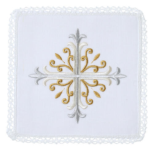 Conjunto de altar 4 peças linho algodão viscose bordado cruz e flores 1