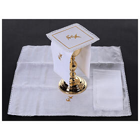 Altar linens set with dove and chalice, linen cotton and viscose, set of 4