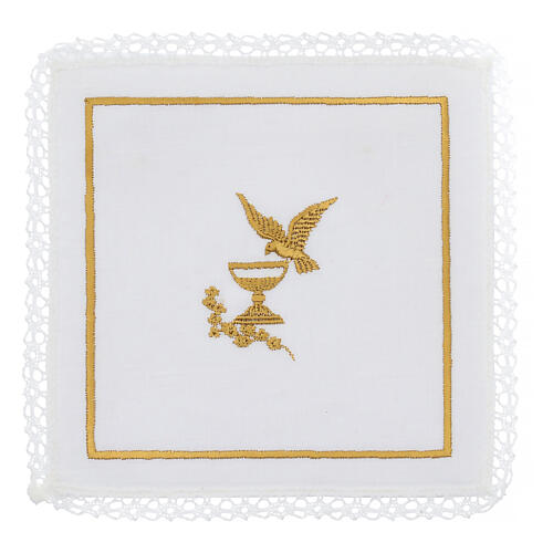 Altar linens set with dove and chalice, linen cotton and viscose, set of 4 1