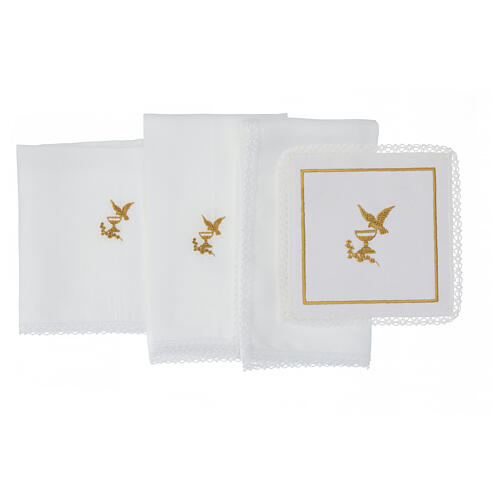Altar linens set with dove and chalice, linen cotton and viscose, set of 4 3