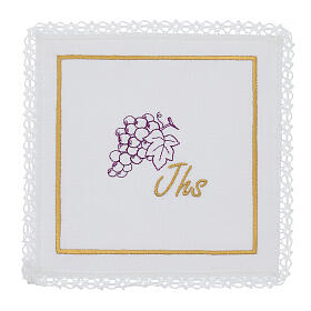 Altar linens set with grapes and JHS, linen cotton and viscose, set of 4