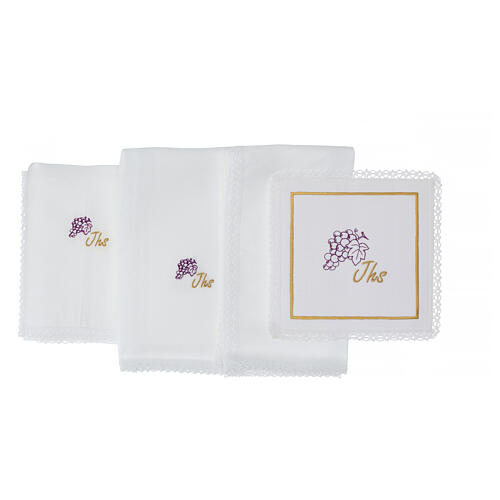 Altar linens set with grapes and JHS, linen cotton and viscose, set of 4 3