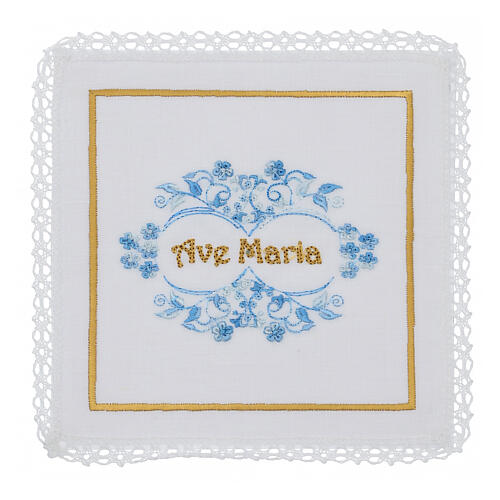 Altar linens set with Ave Maria, linen cotton and viscose, set of 4 1