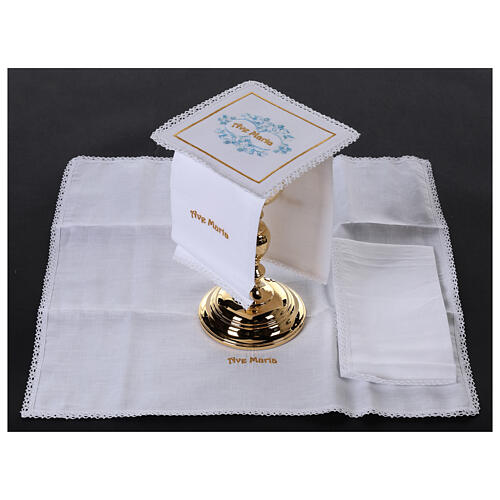 Altar linens set with Ave Maria, linen cotton and viscose, set of 4 2