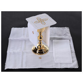 Altar linens set with silver and golden cross, linen cotton and viscose, set of 4