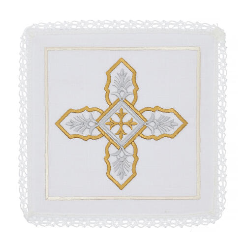 Altar linens set with silver and golden cross, linen cotton and viscose, set of 4 1