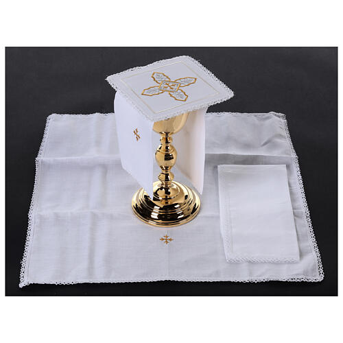 Altar linens set with silver and golden cross, linen cotton and viscose, set of 4 2
