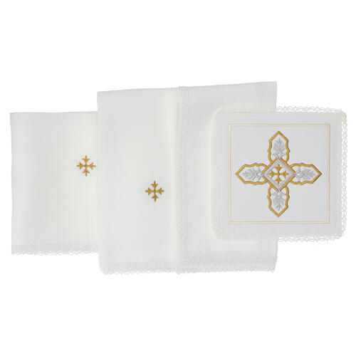 Altar linens set with silver and golden cross, linen cotton and viscose, set of 4 3