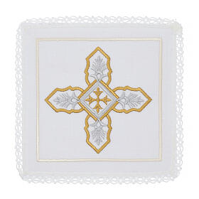 Conjunto de altar 4 peças linho algodão viscose bordado cruz ouro prata