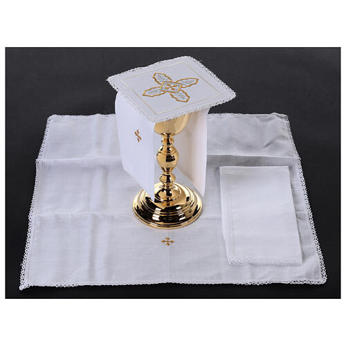 Conjunto de altar 4 peças linho algodão viscose bordado cruz ouro prata 2